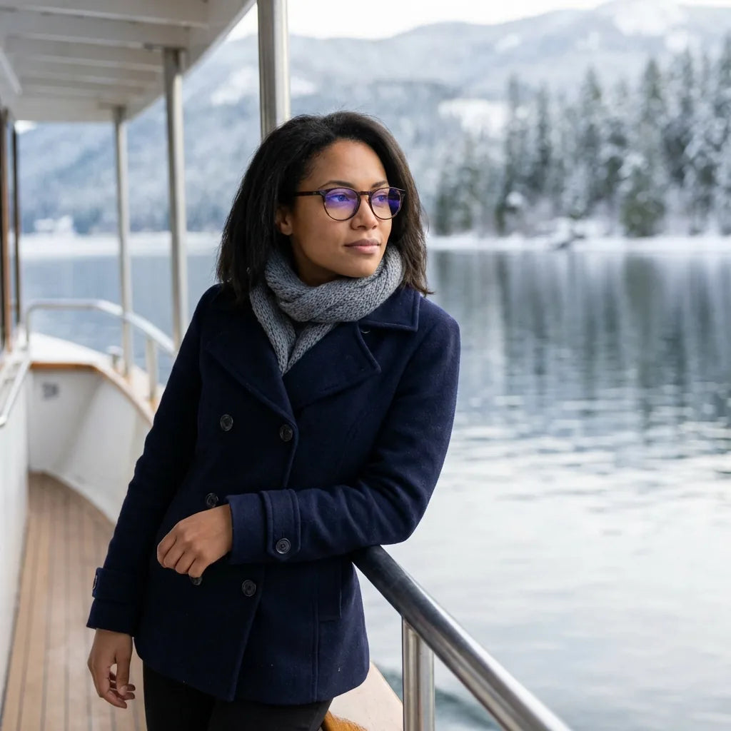 Lentes ópticos Fran 1 Carey modelo en barco lago con bosque nevado Bonoboss #editorial_lifestyle1 #color_carey