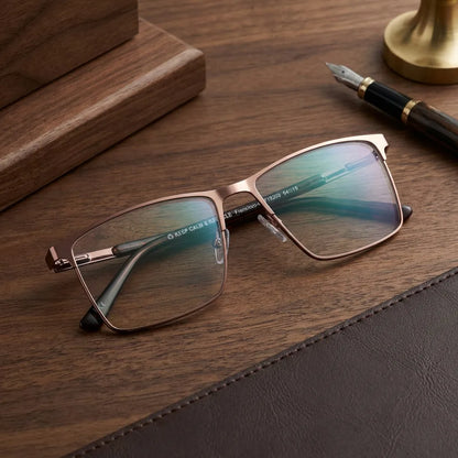 Lentes ópticos Francisco Brown sobre escritorio de madera premium calidad premium receta Bonoboss #editorial_banner_confianza #color_brown