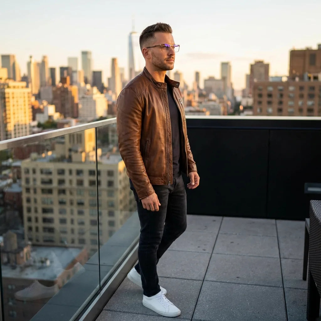 Lentes ópticos Francisco Brown hombre profesional en rooftop urbano atardecer Bonoboss #editorial_lifestyle1 #color_brown