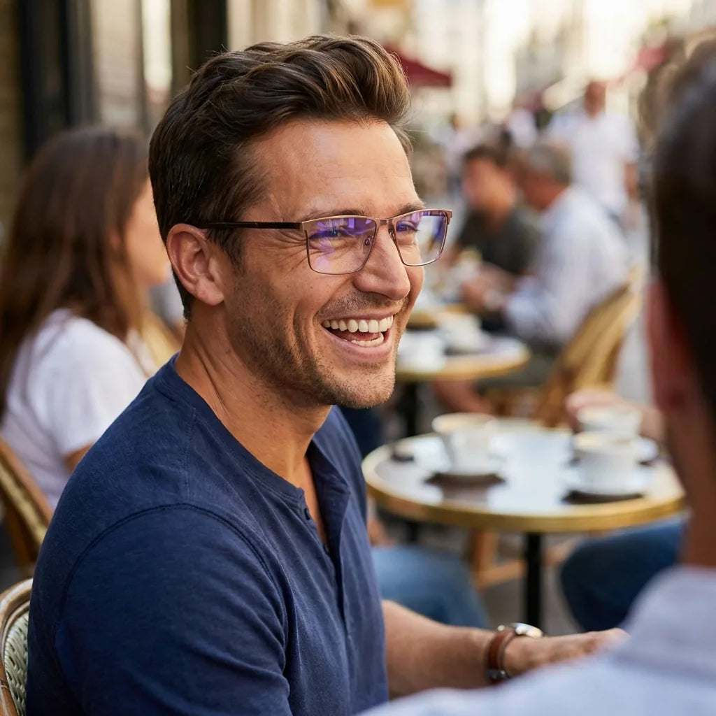 Lentes ópticos Francisco Brown hombre en café con amigos ambiente social Bonoboss #editorial_lifestyle2 #color_brown