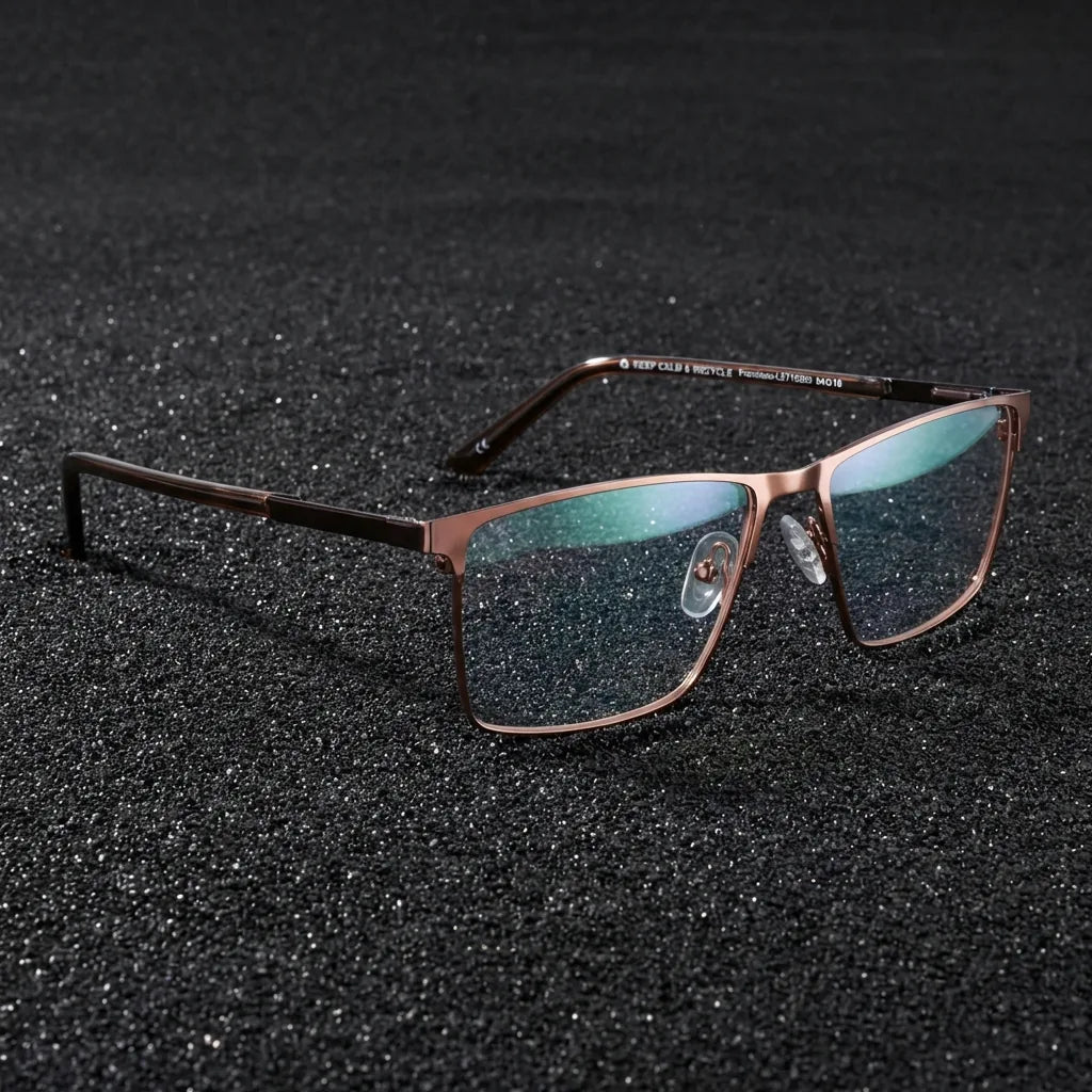 Lentes ópticos Francisco Brown sobre arena volcánica texturizada diseño sustentable Bonoboss #editorial_sustentabilidad #color_brown