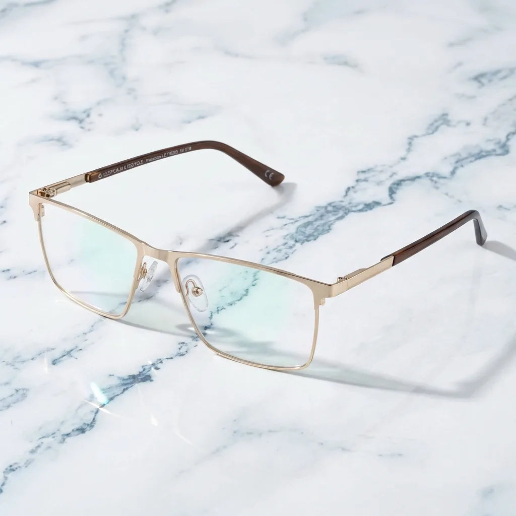 Lentes ópticos Francisco Dorado sobre mármol blanco elegante armazón premium Bonoboss #editorial_armazon #color_dorado