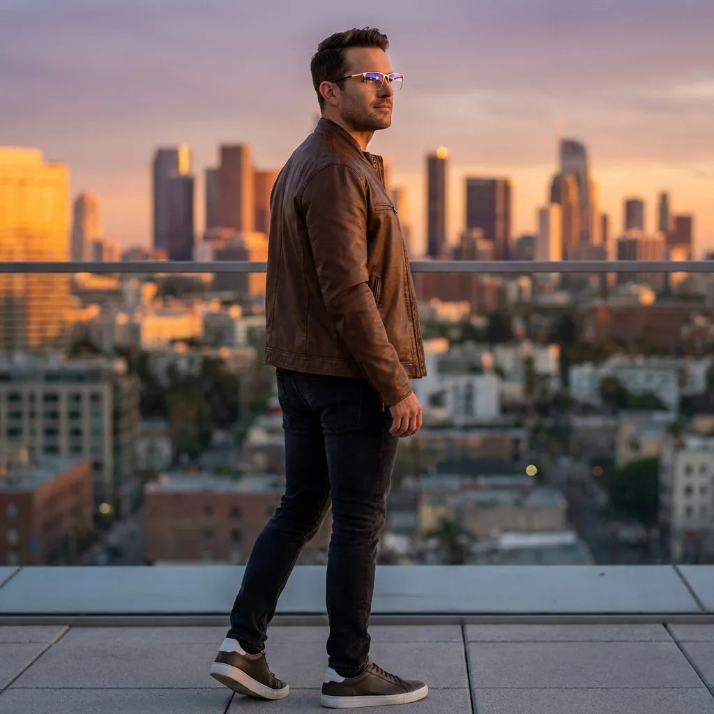 Lentes ópticos Francisco Dorado hombre profesional en rooftop urbano atardecer Bonoboss #editorial_lifestyle1 #color_dorado