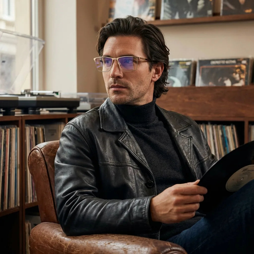 Lentes ópticos Francisco Dorado hombre escuchando vinilo estilo creativo Bonoboss #editorial_lifestyle3 #color_dorado