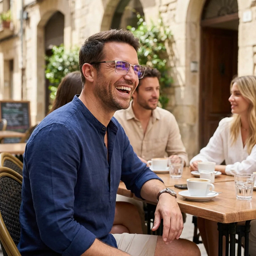 Lentes ópticos Francisco Plateado hombre en café con amigos ambiente social Bonoboss #editorial_lifestyle2 #color_plateado