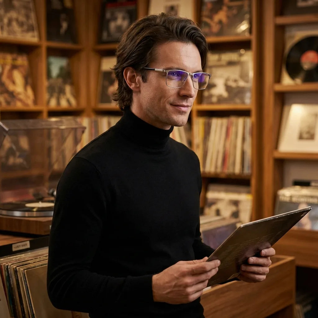 Lentes ópticos Francisco Plateado hombre escuchando vinilo estilo creativo Bonoboss #editorial_lifestyle3 #color_plateado