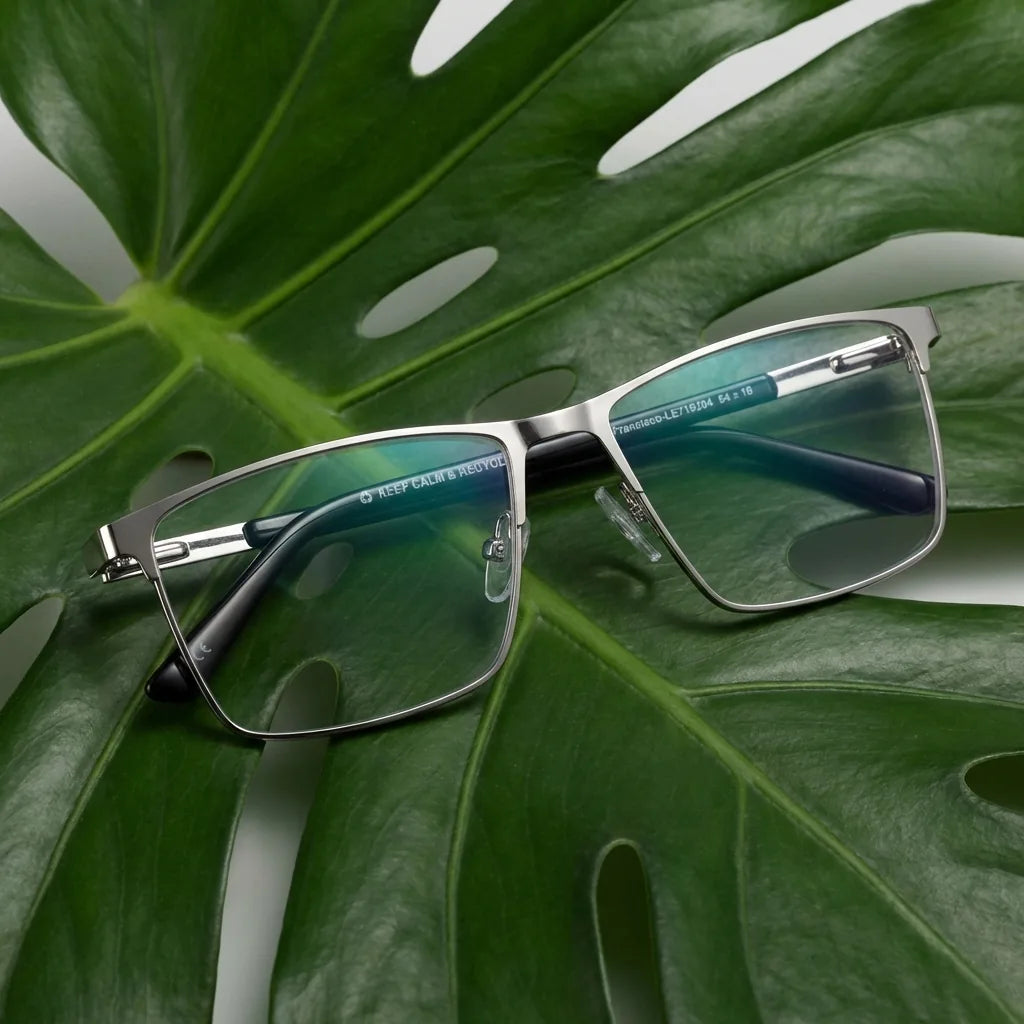 Lentes ópticos Francisco Plateado entre hojas botánicas naturales diseño sustentable Bonoboss #editorial_sustentabilidad #color_plateado