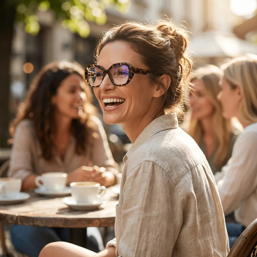 Lentes ópticos Gaia Carey mujer en café con amigas ambiente social Bonoboss #editorial_lifestyle1 #color_carey