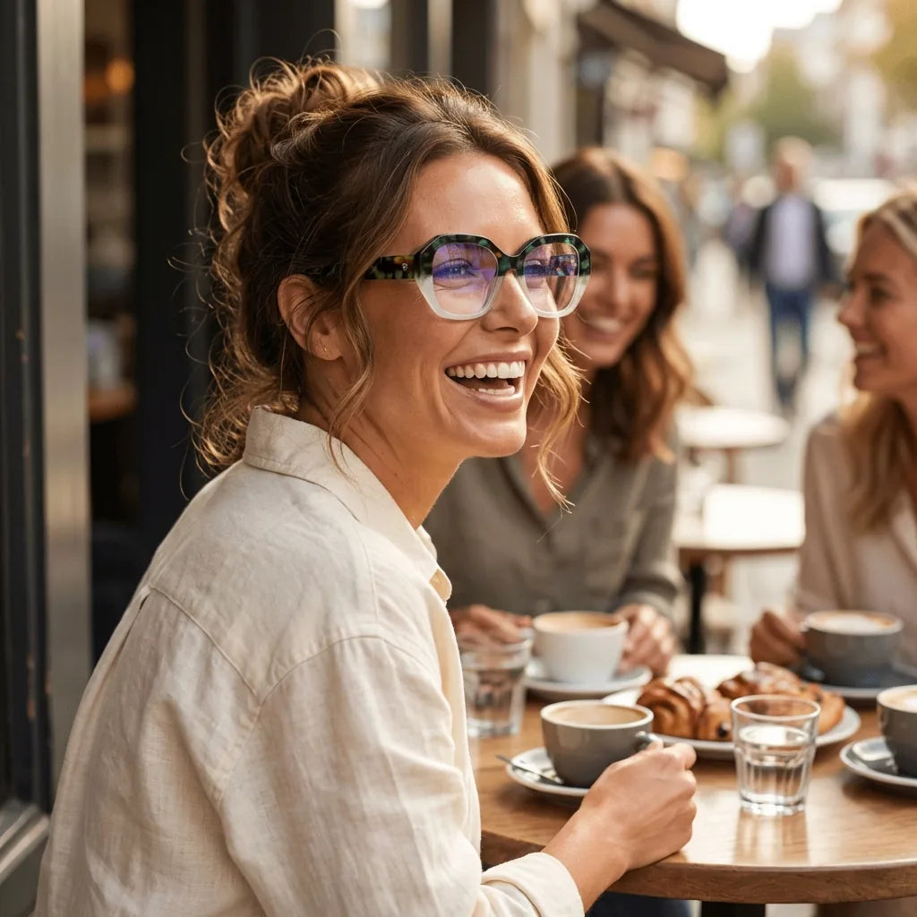 Lentes ópticos Gaia Verde mujer en café con amigas ambiente social Bonoboss #editorial_lifestyle1 #color_verde