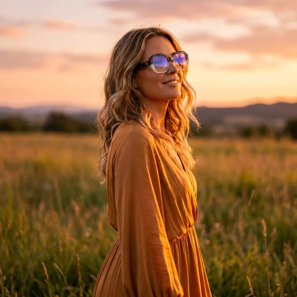 Lentes ópticos Gaia Verde mujer en luz dorada golden hour elegante Bonoboss #editorial_lifestyle2 #color_verde