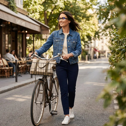 Lentes ópticos Gaia Verde mujer en bicicleta vintage café urbano Bonoboss #editorial_lifestyle3 #color_verde