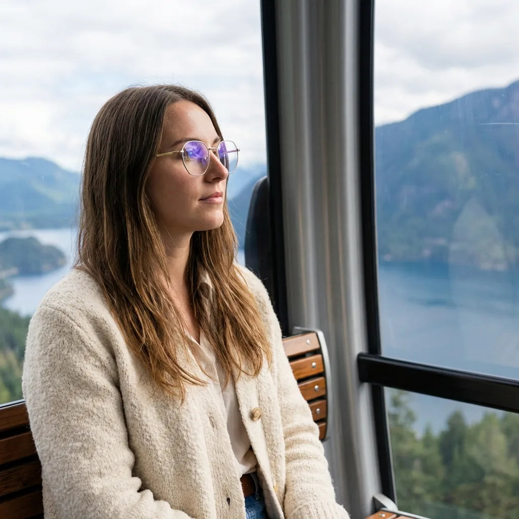 Lentes ópticos Galapagos Magnet Dorado modelo en teleférico con vista a lago Bonoboss #editorial_lifestyle4 #color_dorado