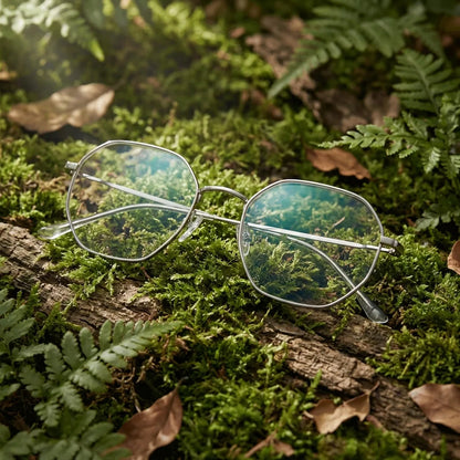 Lentes ópticos Galapagos Magnet Plateado en bosque verde natural diseño sustentable Bonoboss #editorial_sustentabilidad #color_plateado