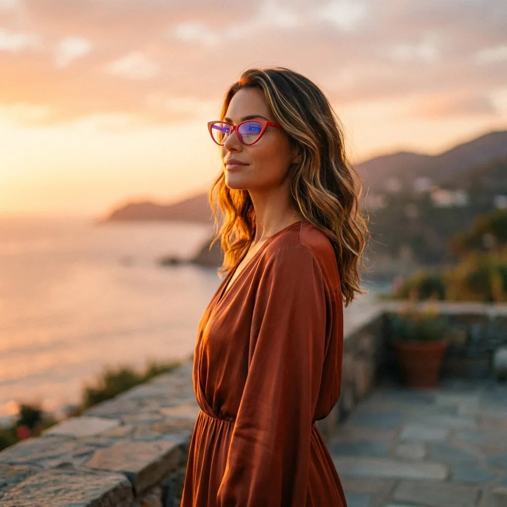 Lentes ópticos Hamburgo Rojo mujer en luz dorada golden hour elegante Bonoboss #editorial_lifestyle2 #color_rojo