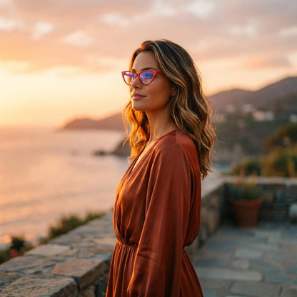Lentes ópticos Hamburgo Rojo mujer en luz dorada golden hour elegante Bonoboss #editorial_lifestyle2 #color_rojo