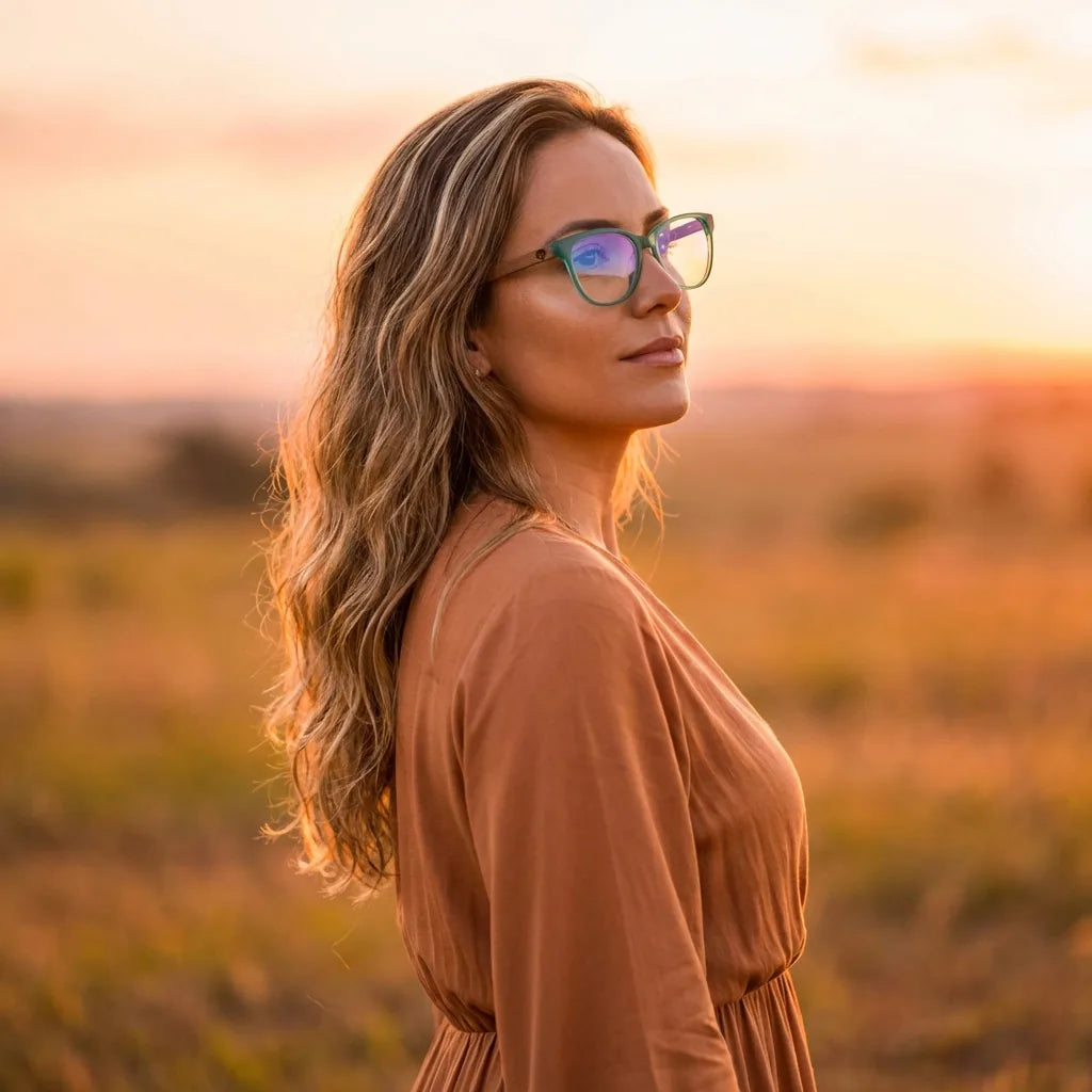 Lentes ópticos Hanga Roa Calipso mujer en luz dorada golden hour elegante Bonoboss #editorial_lifestyle2 #color_calipso