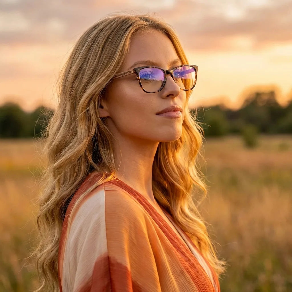 Lentes ópticos Hanga Roa Carey mujer en luz dorada golden hour elegante Bonoboss #editorial_lifestyle1 #color_carey