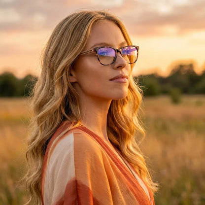 Lentes ópticos Hanga Roa Carey mujer en luz dorada golden hour elegante Bonoboss #editorial_lifestyle1 #color_carey