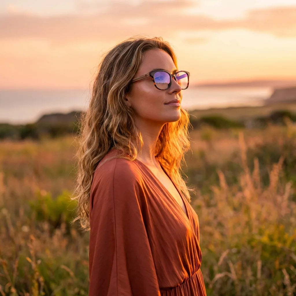 Lentes ópticos Hanga Roa Carey mujer en luz dorada golden hour elegante Bonoboss #editorial_lifestyle2 #color_carey