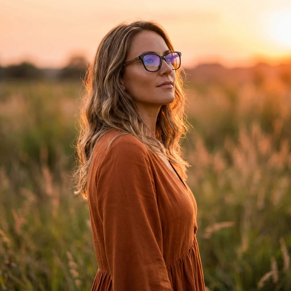 Lentes ópticos Hanga Roa Negro mujer en luz dorada golden hour elegante Bonoboss #editorial_lifestyle2 #color_negro