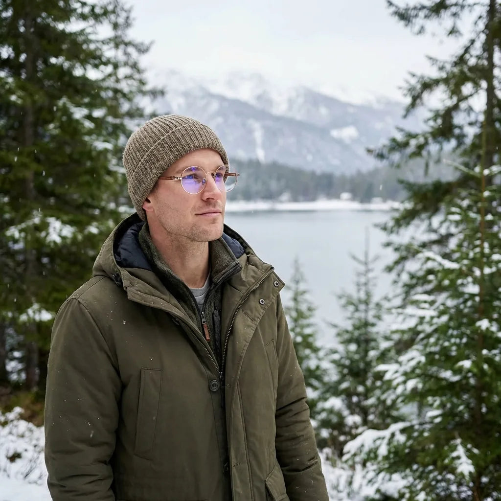 Lentes ópticos Harry Dorado modelo con gorro en bosque nevado invernal Bonoboss #editorial_lifestyle1 #color_dorado