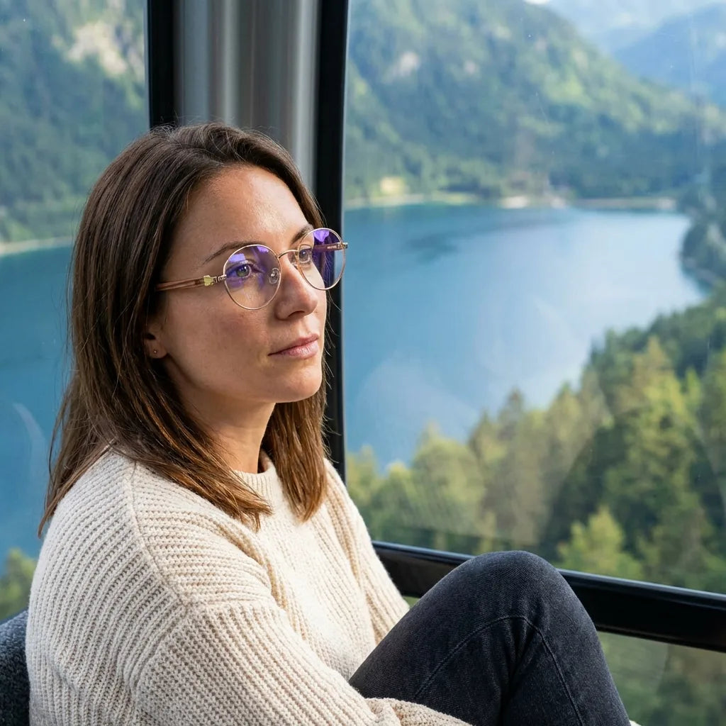 Lentes ópticos Harry Dorado modelo en teleférico con vista a lago Bonoboss #editorial_lifestyle4 #color_dorado