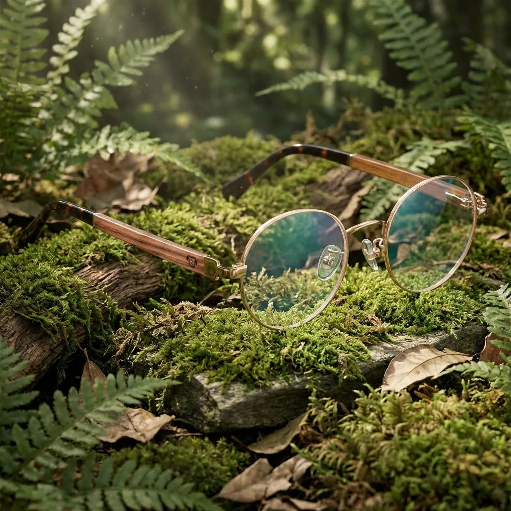 Lentes ópticos Harry Dorado en bosque verde natural diseño sustentable Bonoboss #editorial_sustentabilidad #color_dorado