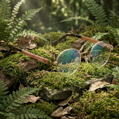 Lentes ópticos Harry Dorado en bosque verde natural diseño sustentable Bonoboss #editorial_sustentabilidad #color_dorado