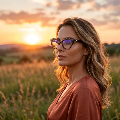 Lentes ópticos Helsinki Mosaico mujer en luz dorada golden hour elegante Bonoboss #editorial_lifestyle2 #color_mosaico