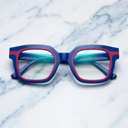 Lentes ópticos Ibiza Azul sobre mármol blanco elegante calidad premium receta Bonoboss #editorial_banner_confianza #color_azul