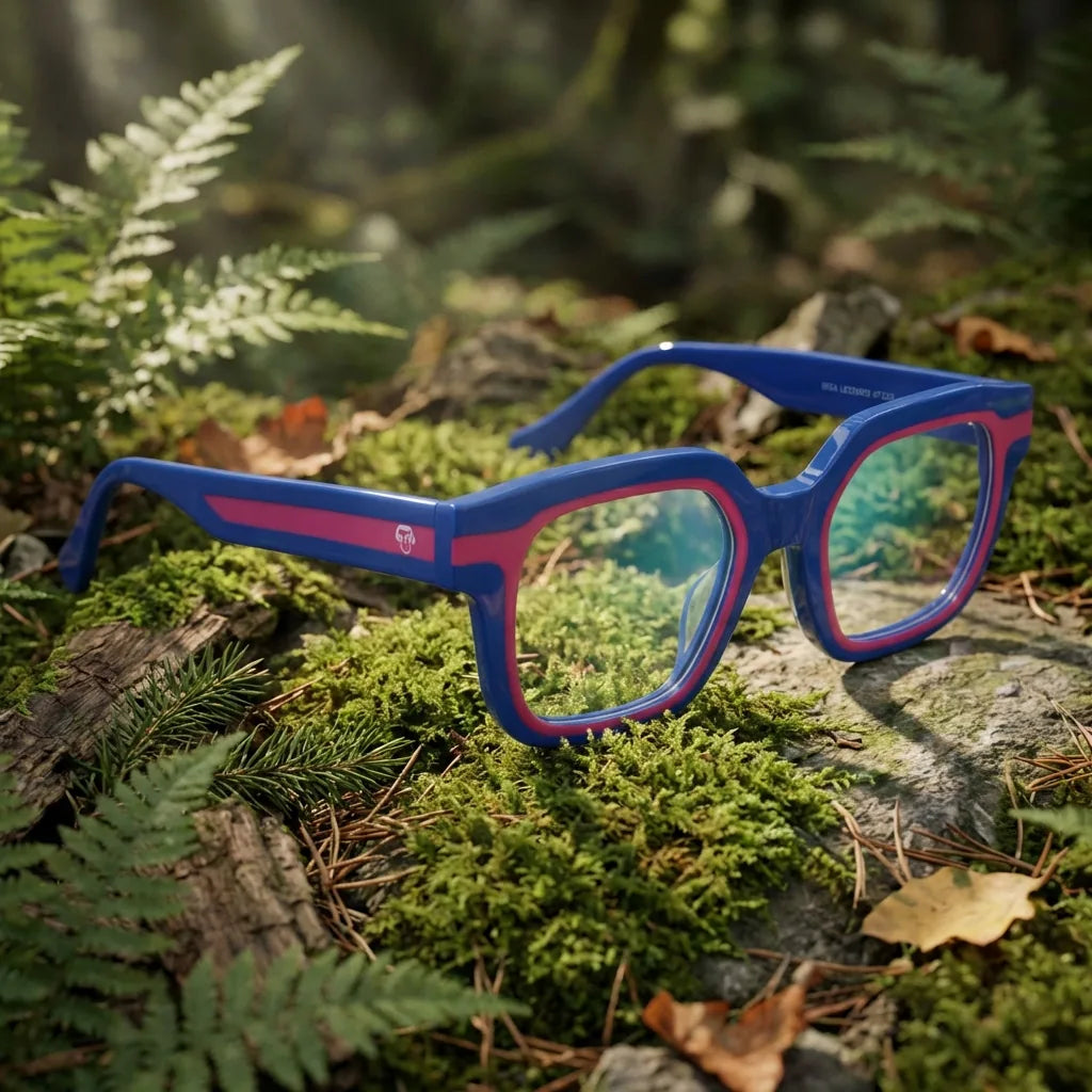 Lentes ópticos Ibiza Azul en bosque verde natural diseño sustentable Bonoboss #editorial_sustentabilidad #color_azul