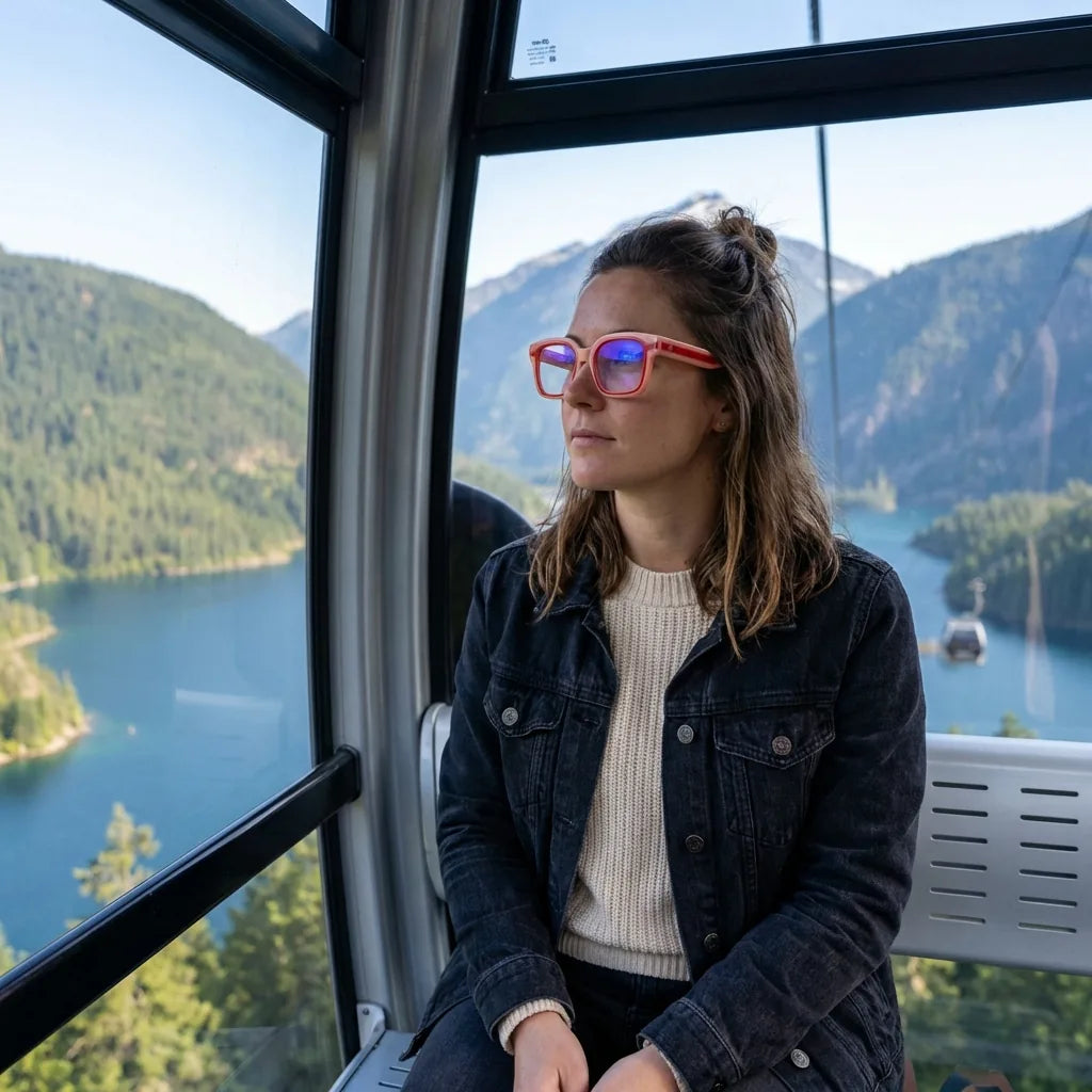 Lentes ópticos Ibiza Rosado modelo en teleférico con vista a lago Bonoboss #editorial_lifestyle3 #color_rosado