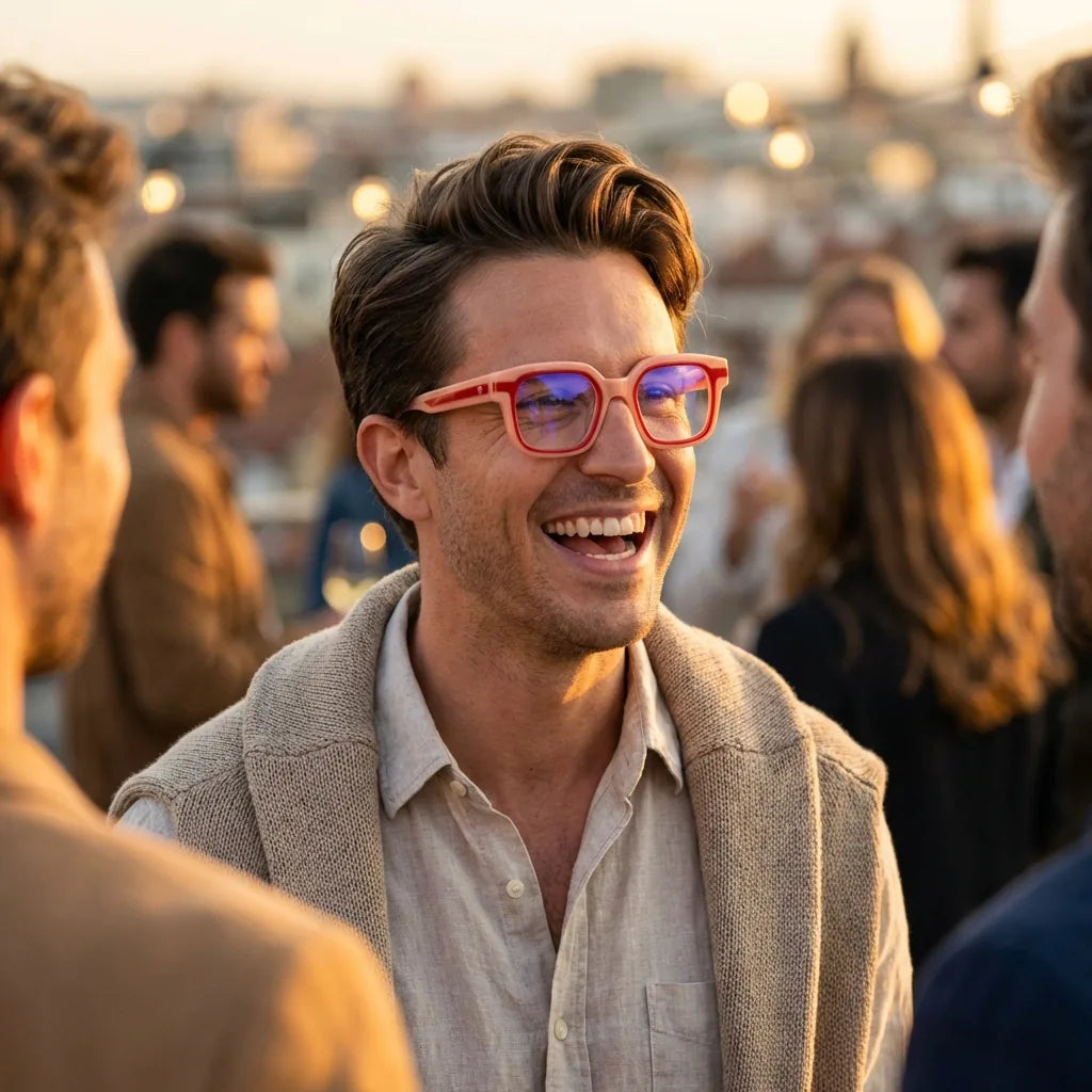 Lentes ópticos Ibiza Rosado modelo en contexto social urbano profesional Bonoboss #editorial_lifestyle4 #color_rosado