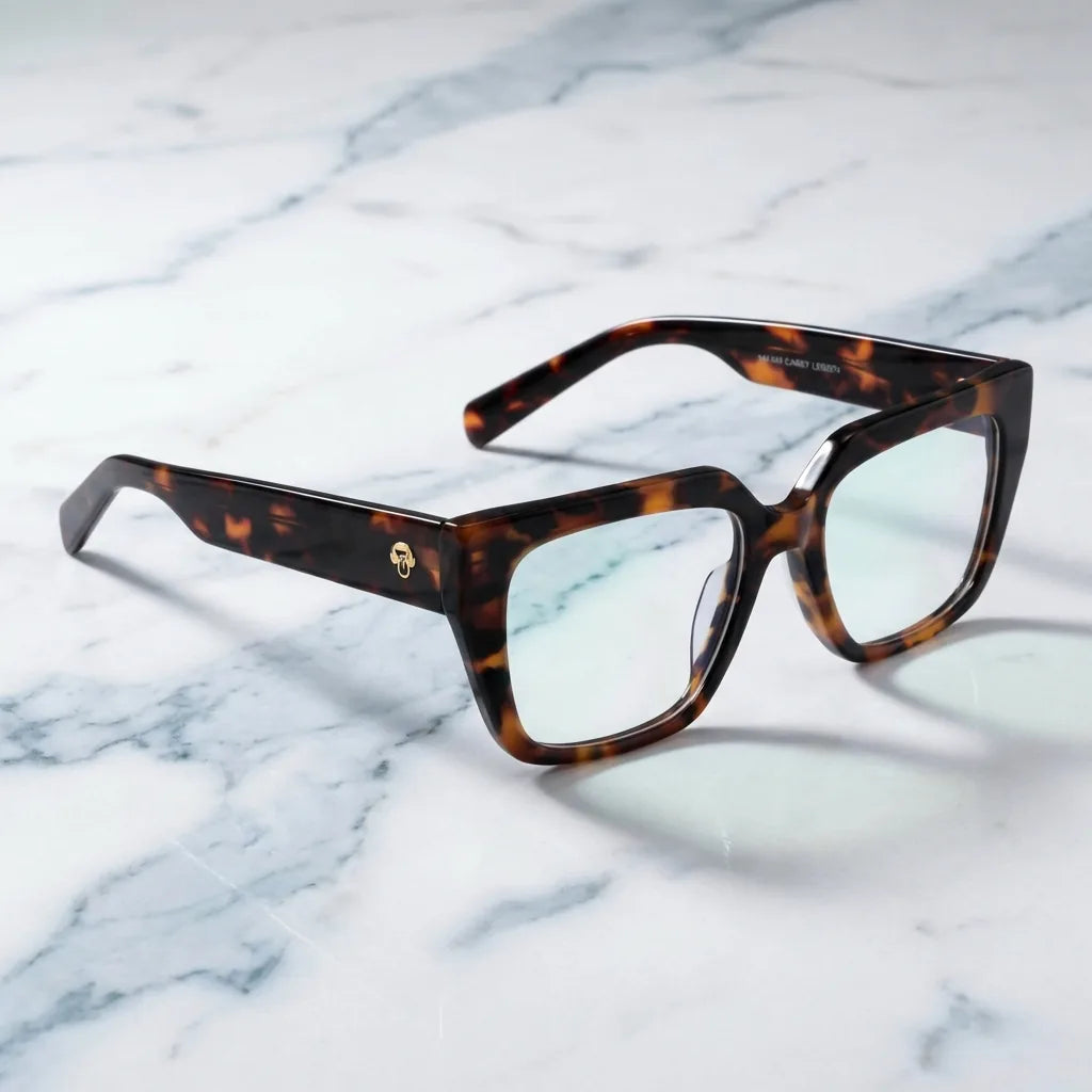 Lentes ópticos Kai Kai Carey sobre mármol blanco elegante armazón premium Bonoboss #editorial_armazon #color_carey