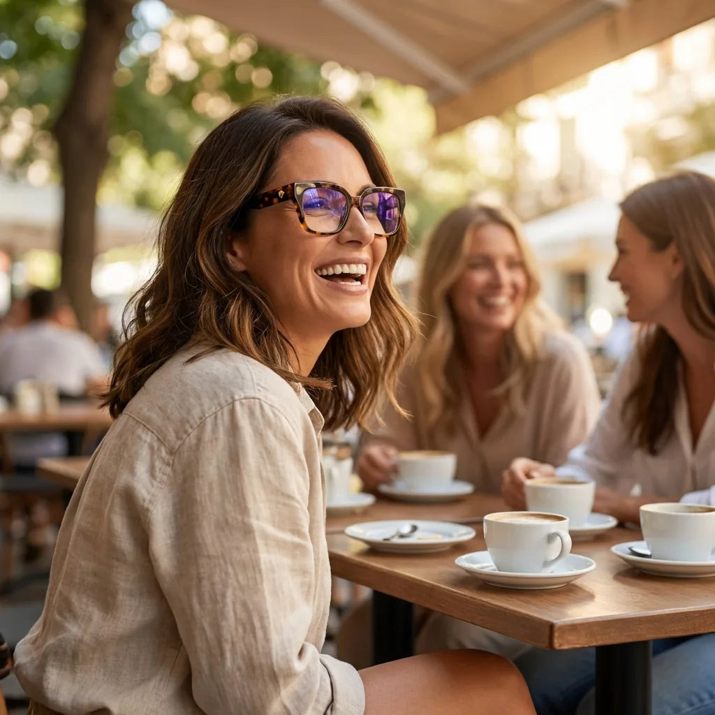 Lentes ópticos Kai Kai Carey mujer en café con amigas ambiente social Bonoboss #editorial_lifestyle1 #color_carey