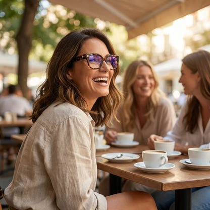 Lentes ópticos Kai Kai Carey mujer en café con amigas ambiente social Bonoboss #editorial_lifestyle1 #color_carey