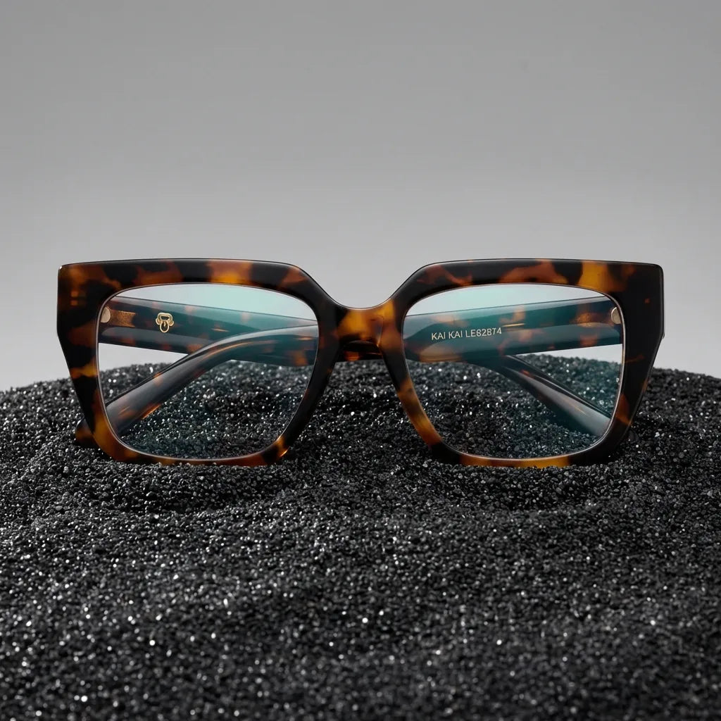 Lentes ópticos Kai Kai Carey sobre arena volcánica texturizada diseño sustentable Bonoboss #editorial_sustentabilidad #color_carey