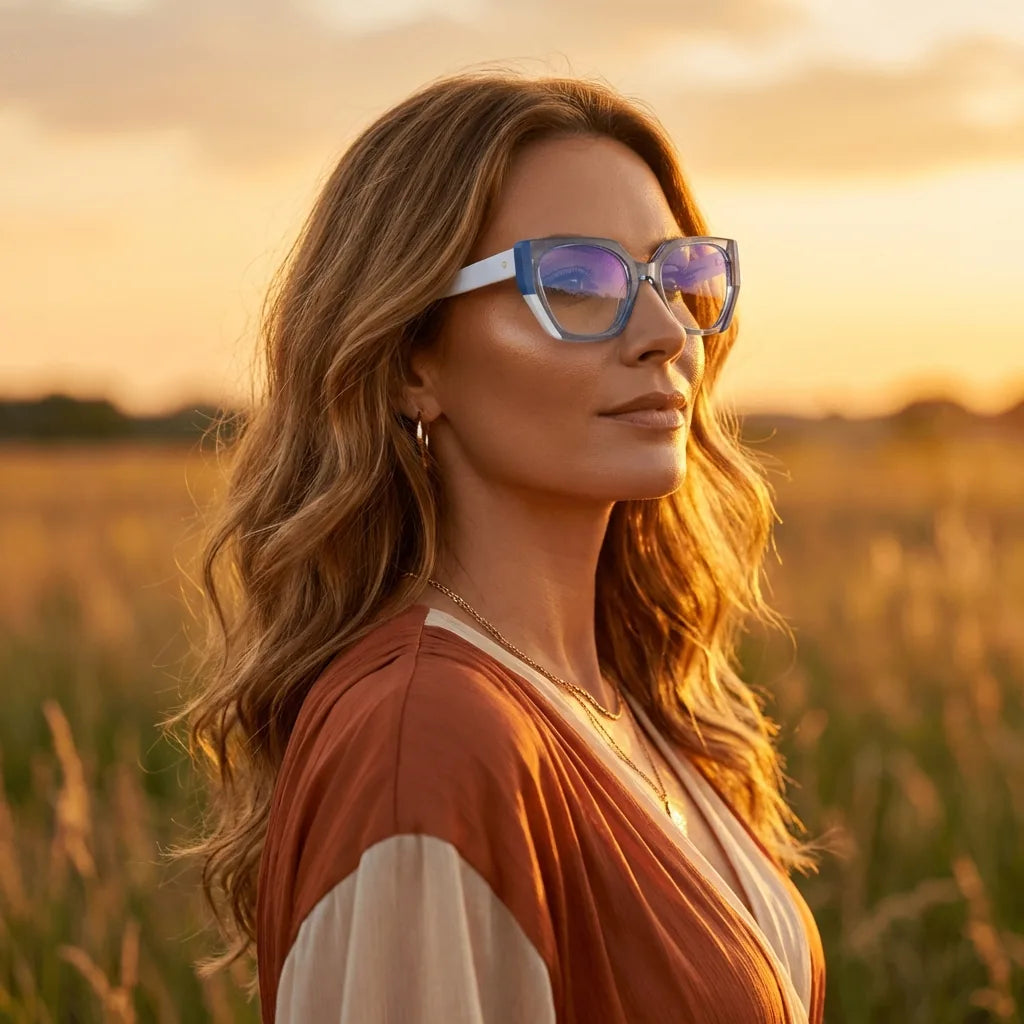 Lentes ópticos Kai Kai Azul mujer en luz dorada golden hour elegante Bonoboss #editorial_lifestyle2 #color_azul