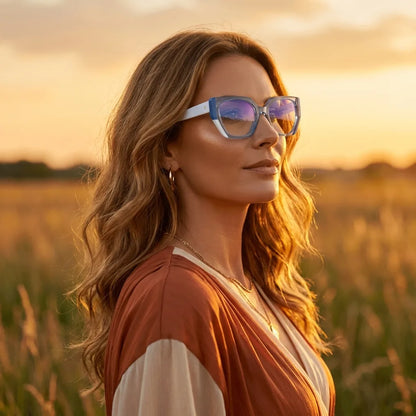 Lentes ópticos Kai Kai Azul mujer en luz dorada golden hour elegante Bonoboss #editorial_lifestyle2 #color_azul