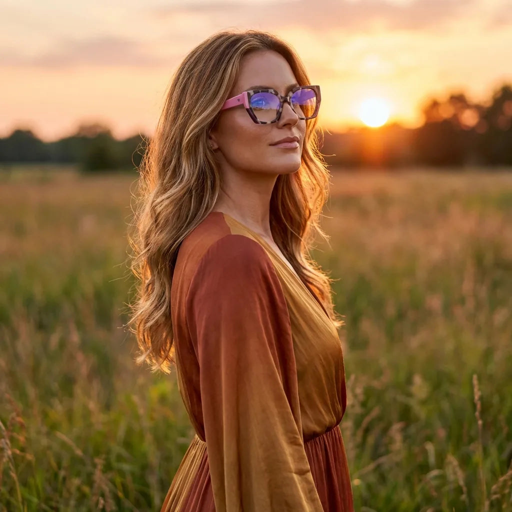 Lentes ópticos Kai Kai Rosado mujer en luz dorada golden hour elegante Bonoboss #editorial_lifestyle1 #color_rosado
