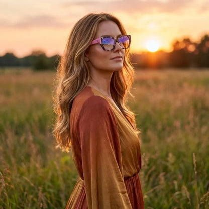 Lentes ópticos Kai Kai Rosado mujer en luz dorada golden hour elegante Bonoboss #editorial_lifestyle1 #color_rosado