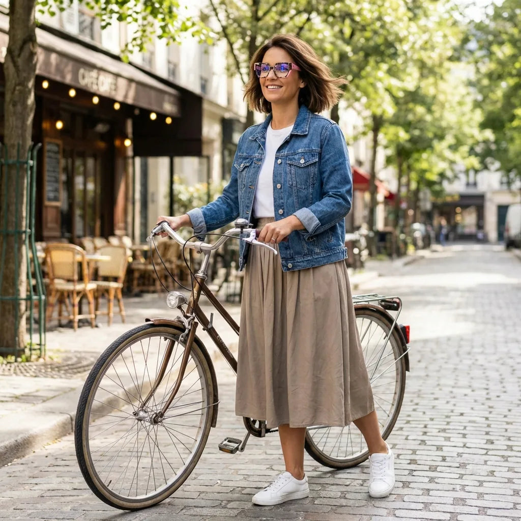 Lentes ópticos Kai Kai Rosado mujer en bicicleta vintage café urbano Bonoboss #editorial_lifestyle2 #color_rosado