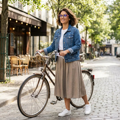 Lentes ópticos Kai Kai Rosado mujer en bicicleta vintage café urbano Bonoboss #editorial_lifestyle2 #color_rosado