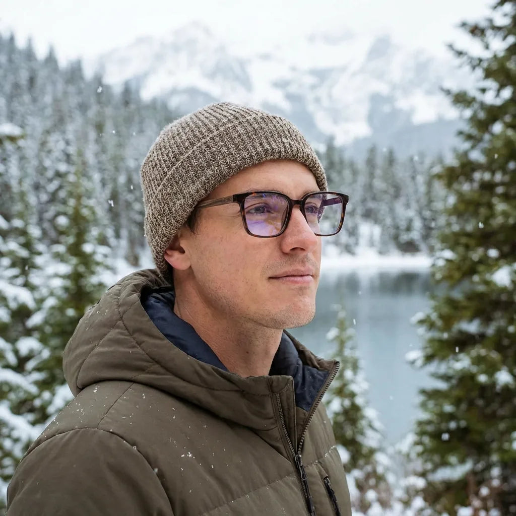Lentes ópticos Kai Kai Carey modelo con gorro en bosque nevado invernal Bonoboss #editorial_lifestyle1 #color_carey