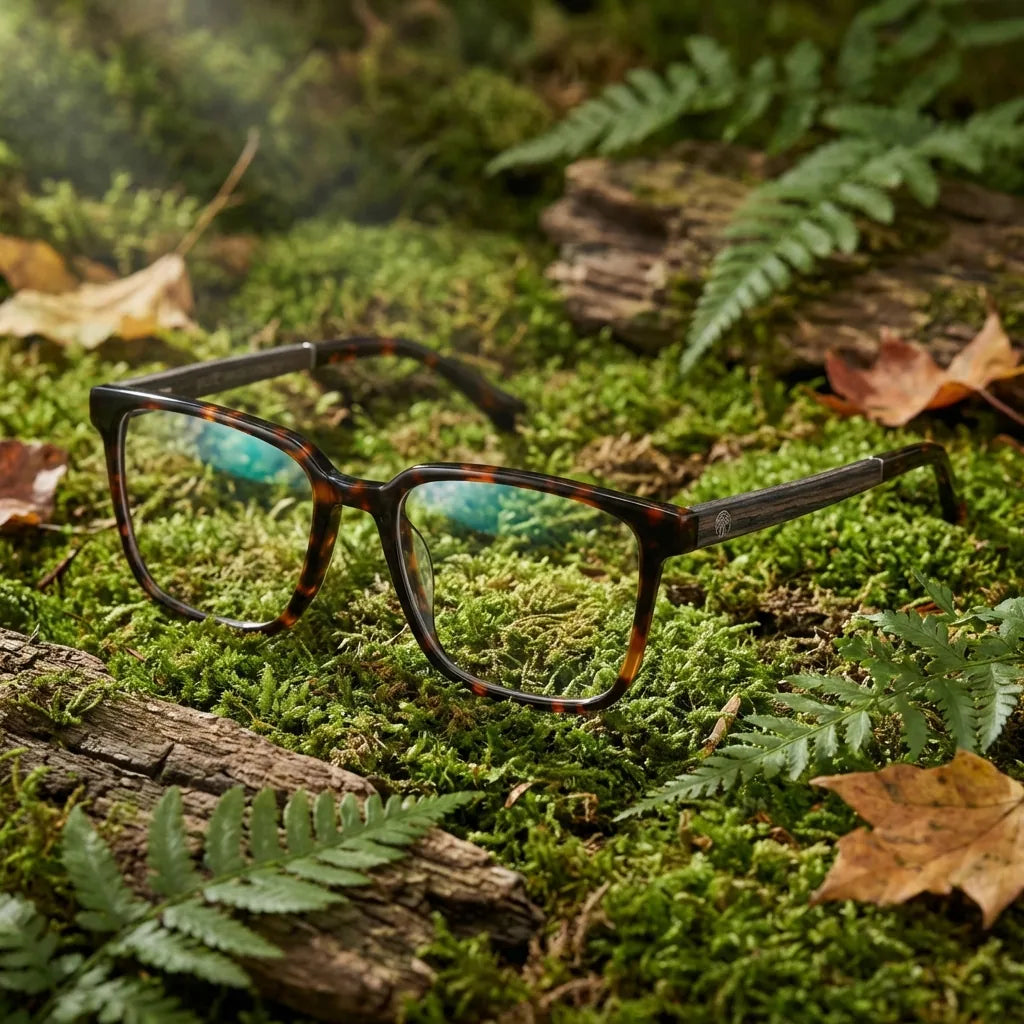 Lentes ópticos Kai Kai Carey en bosque verde natural diseño sustentable Bonoboss #editorial_sustentabilidad #color_carey