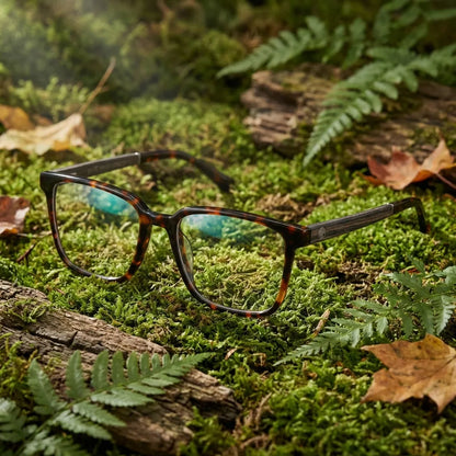 Lentes ópticos Kai Kai Carey en bosque verde natural diseño sustentable Bonoboss #editorial_sustentabilidad #color_carey
