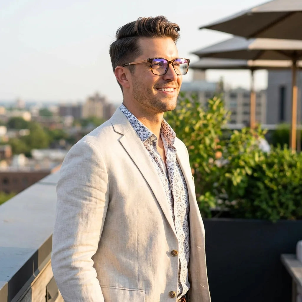 Lentes ópticos Kai Kai Marble mujer en terraza con vista panorámica Bonoboss #editorial_lifestyle3 #color_marble