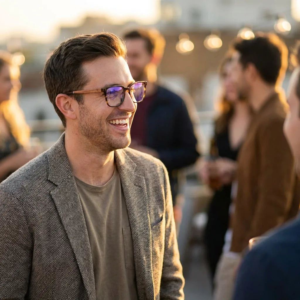Lentes ópticos Kai Kai Marble modelo en contexto social urbano profesional Bonoboss #editorial_lifestyle4 #color_marble