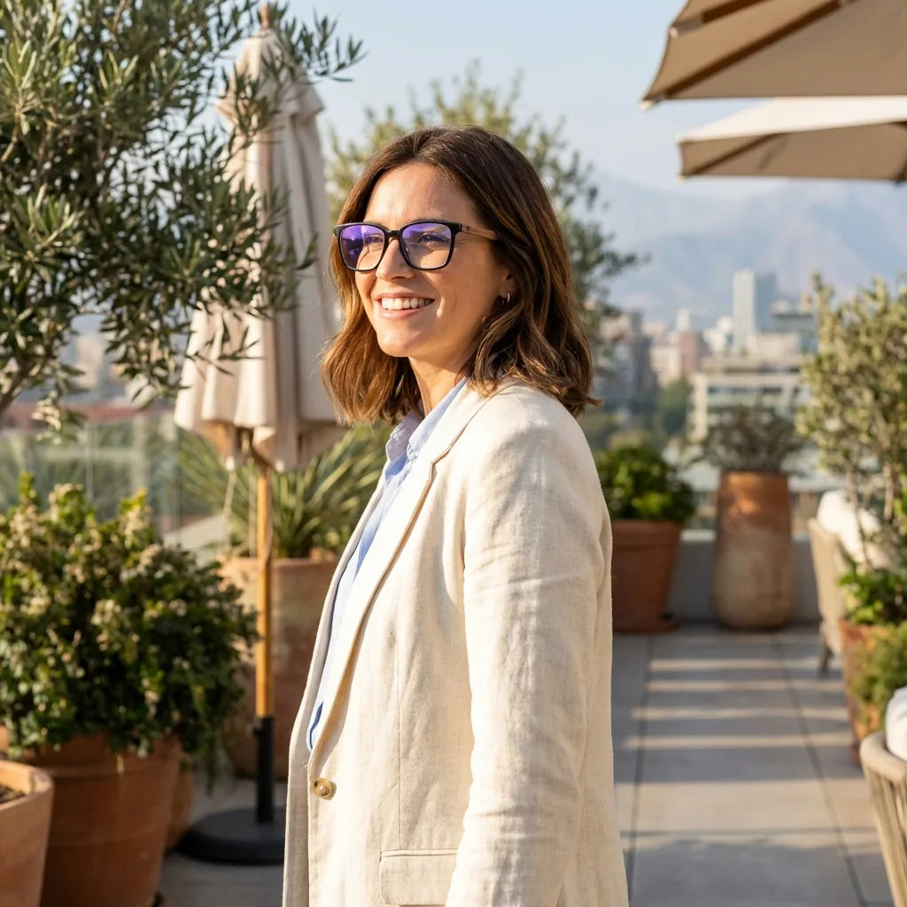 Lentes ópticos Kai Kai Negro mujer en terraza con vista panorámica Bonoboss #editorial_lifestyle2 #color_negro