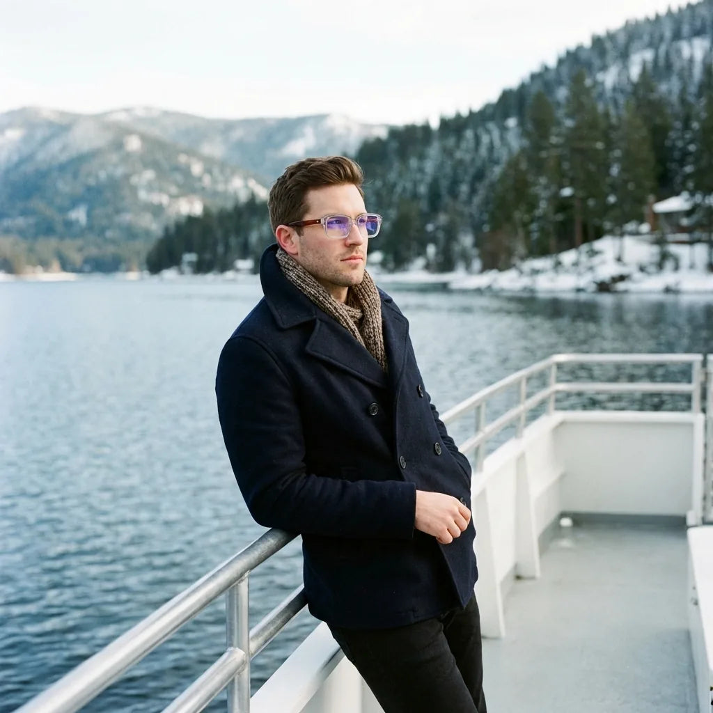 Lentes ópticos London Acetate Transparente modelo en barco lago con bosque nevado Bonoboss #editorial_lifestyle1 #color_transparente